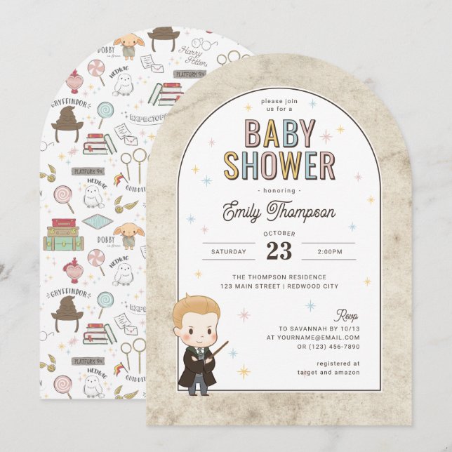 Invitation Harry Potter Chibi Draco Malfoy Wizard Fête Prénat (Devant / Derrière)