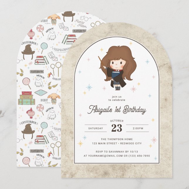 Invitation Harry Potter | ChibiHermione Magicienne Anniversai (Devant / Derrière)