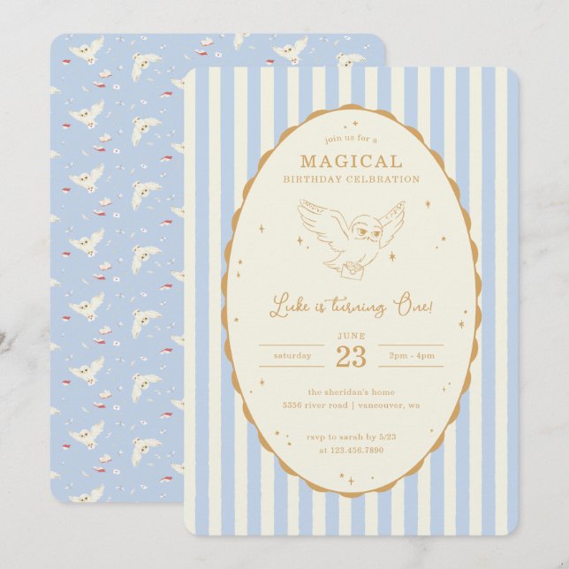 Invitation Harry Potter Hedwig Blue Magical Birthday (Devant / Derrière)