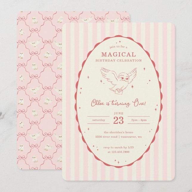 Invitation Harry Potter Hedwig Pink Magical Birthday (Devant / Derrière)