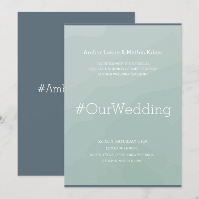 Invitation Hashtag moderne bleu turquoise mariage (Devant / Derrière)