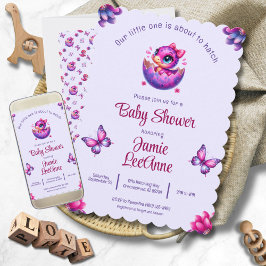 Invitation Hatching Bientôt Baby Purple Dinosaur Baby shower