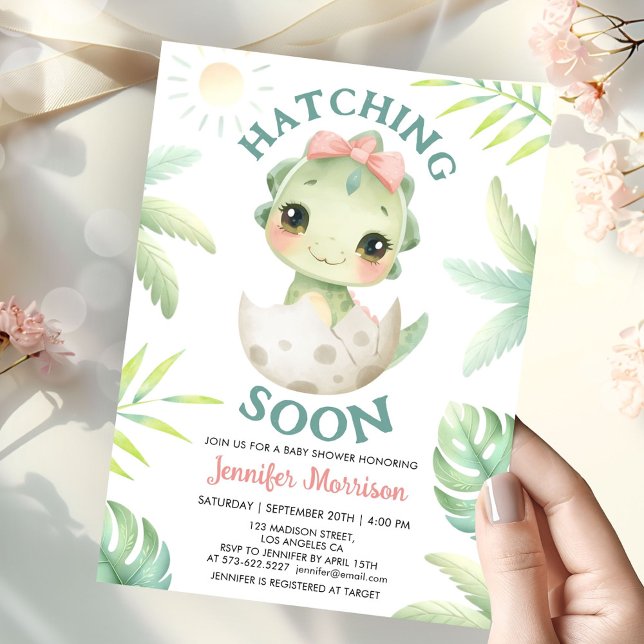 Invitation Hatching Bientôt Dinosaur Baby shower fille Bow ro (Créateur téléchargé)