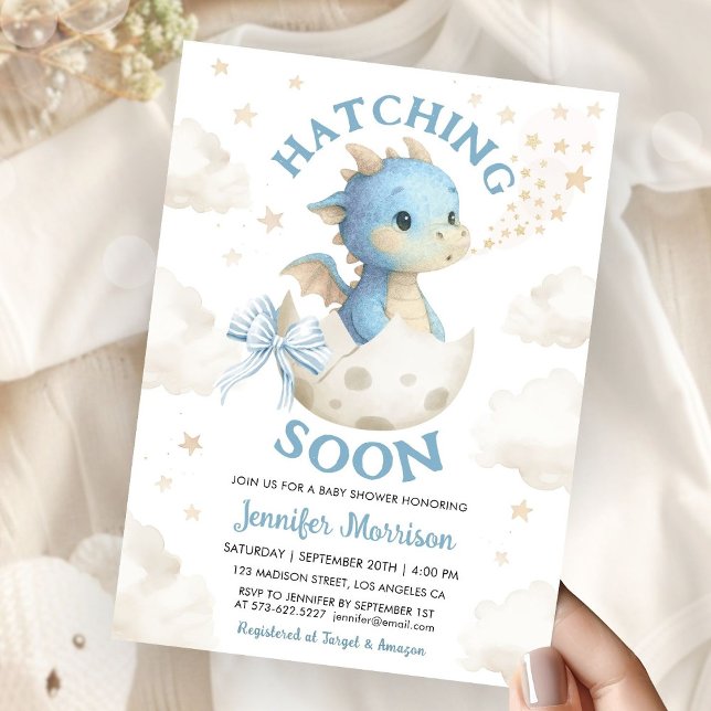 Invitation Hatching Soon Dragon Baby Shower Boy Dusty Blue  (Créateur téléchargé)