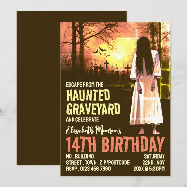 Invitation Hauné Graveyard Thème Escape Room Anniversaire (Devant / Derrière)