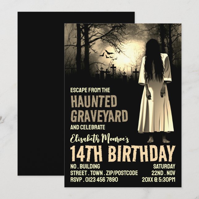 Invitation Hauné Graveyard Thème Escape Room Anniversaire (Devant / Derrière)