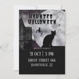 Invitation Haunée Halloween Bureau Party Chat noir