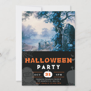 Invitation Hauning Graveyard Blue Flowers Halloween