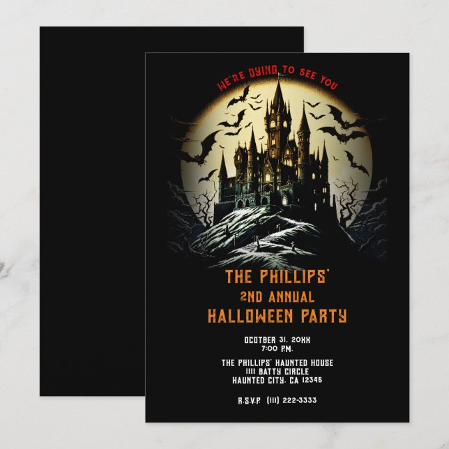 Invitation Haunted Castle sur Cemetery Hill Halloween Party (Devant / Derrière)