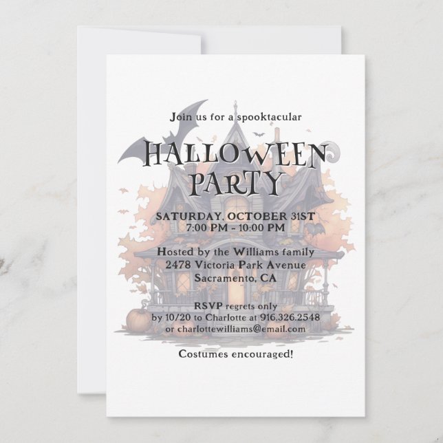 Invitation Haunted House Bats Citrouille Halloween Party (Devant)