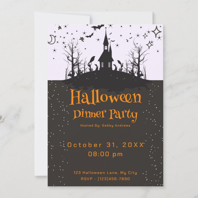 Invitation Haunted House Bats Stars Dîner d'Halloween (Devant)