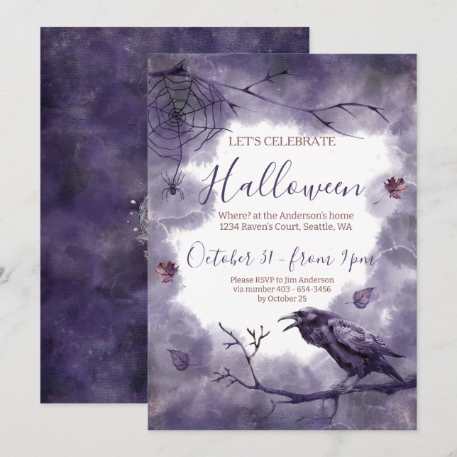 Invitation Hauntingly Beauty Purple Raven Halloween Party (Devant / Derrière)