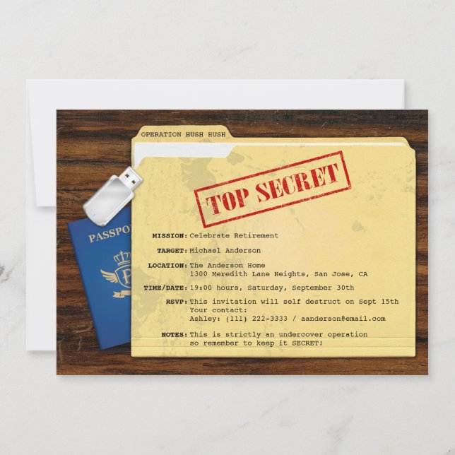 Invitation Haut Agent Secret Mission Surprise Parti de retrai (Devant)
