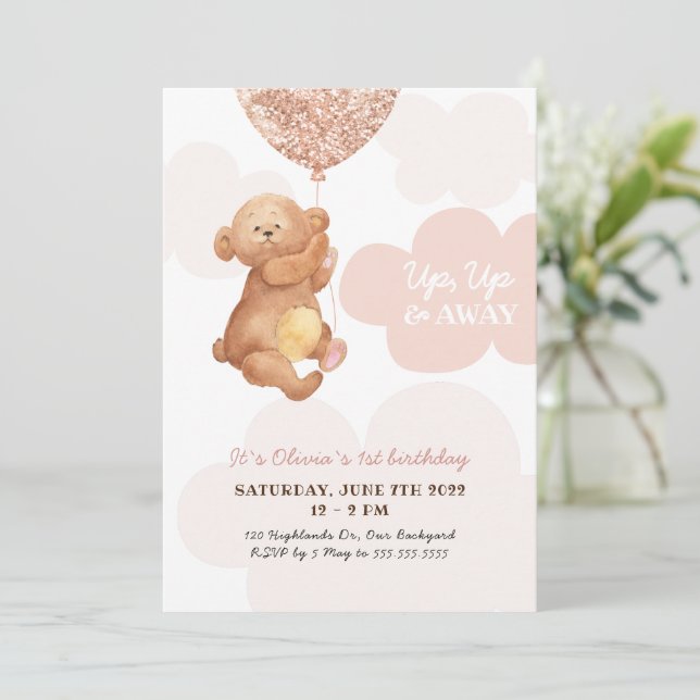 Invitation Haut, haut et loin Teddy Ours Roses Nuages Bébé An (Debout devant)