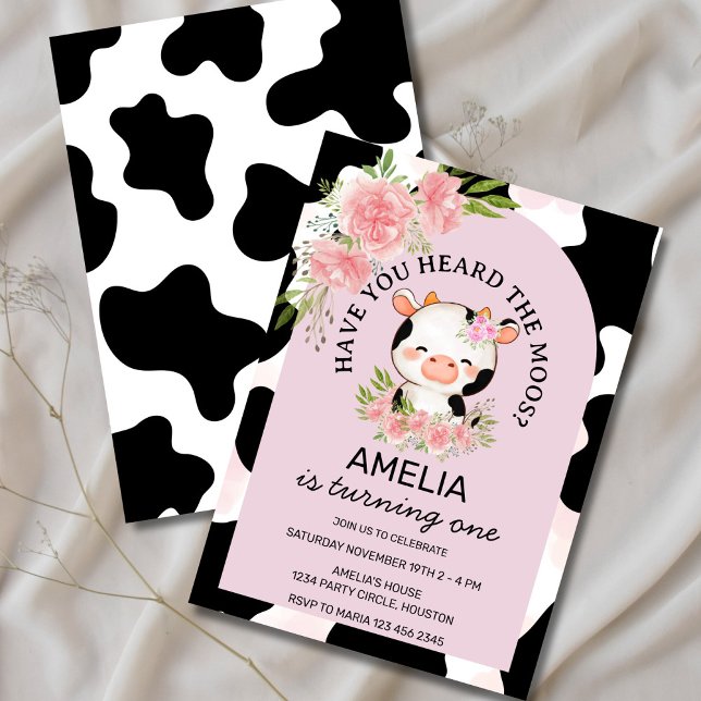 Invitation Have You Heard the Moos Pink  Cow Print  Birthday (Have You Heard the Moos cow invite with watercolor flowers)