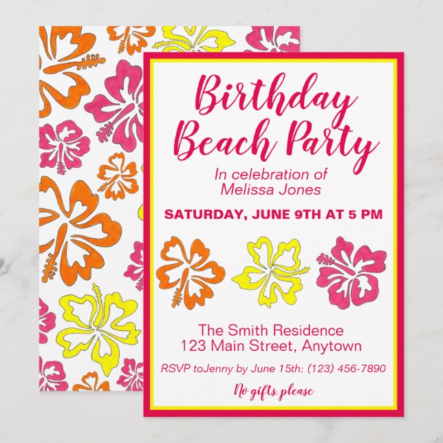 Invitation Hawaii Hibiscus Fleurs Anniversaire Beach Party Lu (Devant / Derrière)