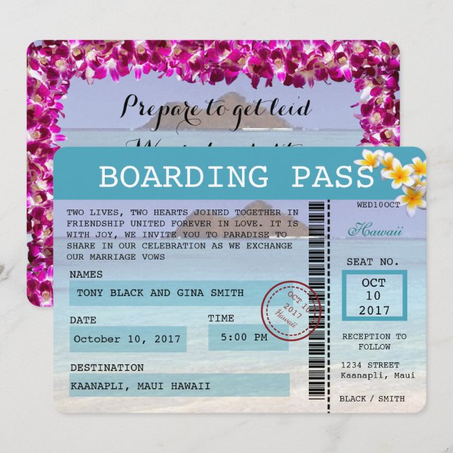 Invitation Hawaii Mariage Boarding Pass (Devant / Derrière)