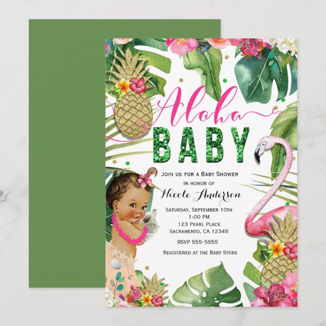 Invitation Hawaiian Aloha Tropical Baby Girl Douche Vintage (Devant / Derrière)