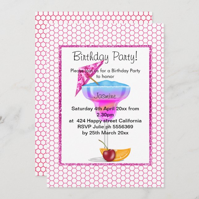 INVITATION HAWAIIAN COCKTAIL PINK PATTERNEL ANNIVERSAIRE (Devant / Derrière)