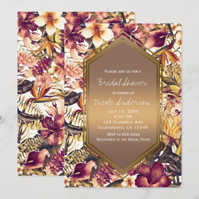 Invitation Hawaiian Golden Tropics Élégante Fête des mariées (Devant / Derrière)