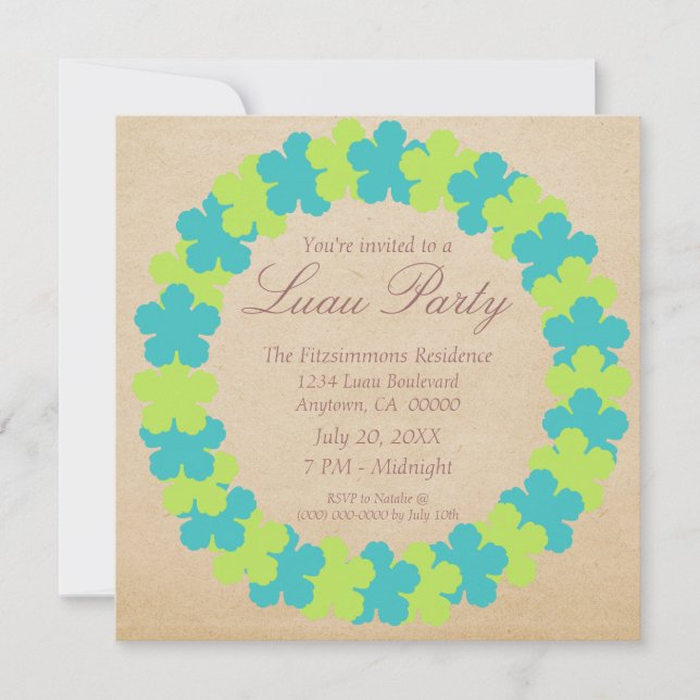 Invitation Hawaiian Lei Luau Party, Aqua et Green (Devant)
