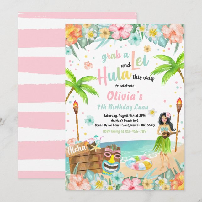 Invitation Hawaiian Luau Anniversaire Fête Tropicale Annivers (Devant / Derrière)