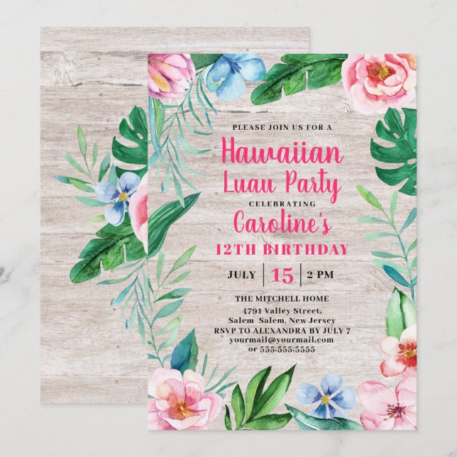 Invitation Hawaiian Luau Party Tropical Floral Wood Anniversa (Devant / Derrière)