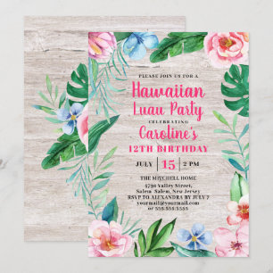 Invitation Hawaiian Luau Party Tropical Floral Wood Anniversa