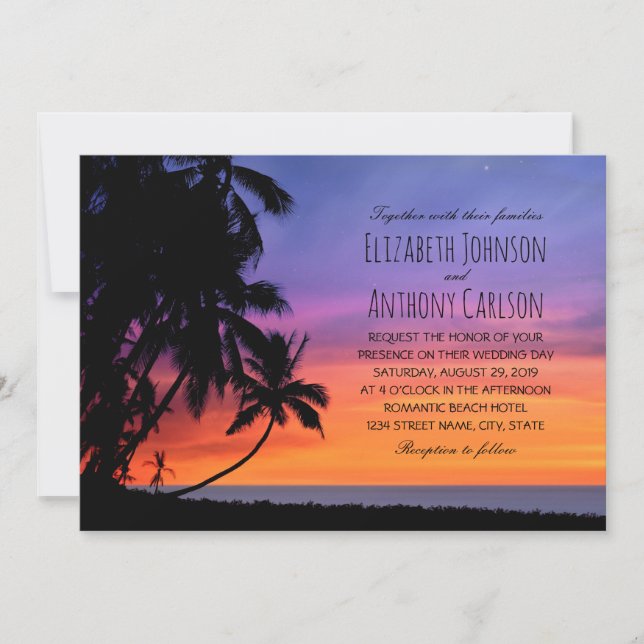 Invitation Hawaiian Sunset Palm Tree Beach Mariage à thème (Devant)