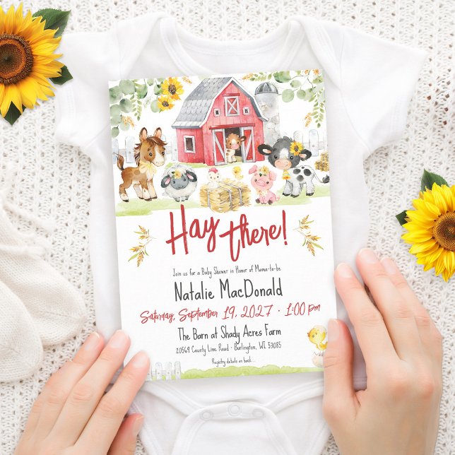 Invitation Hay There Cute Farm Animals Sunflower Baby Shower (Funny Hay There cute watercolor red barn farm animals sunflower greenery neutral baby shower invite)