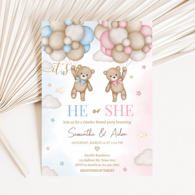 Invitation He or She Bear Gender Reveal (Bear Balloon He or She Gender Reveal Invitation)
