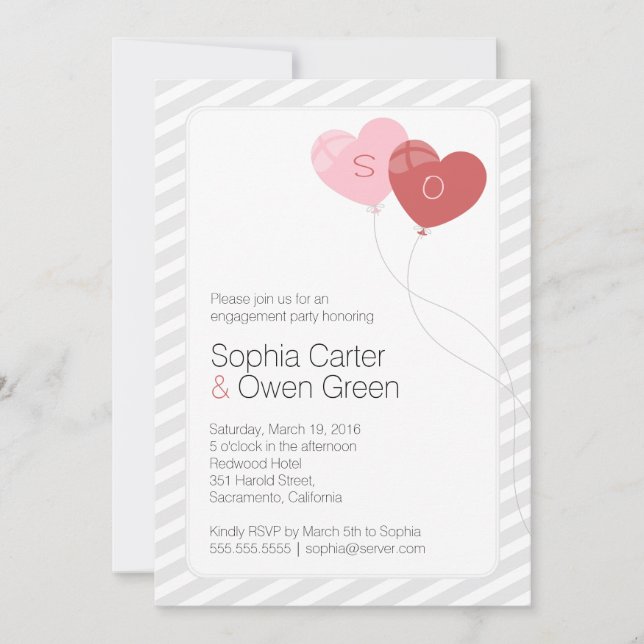 Invitation Heart Balloons, parti d'engagement unique (Devant)