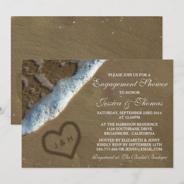 Invitation Heart In The Sand Beach Fiançailles Douche (Devant / Derrière)