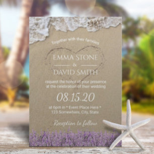 Invitation Heart in the Sand Lavender Floral Beach Wedding