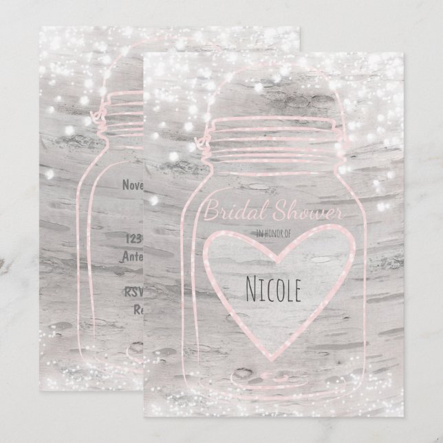 Invitation Heart Mason Jar & Lights Birch Fête des mariées (Devant / Derrière)