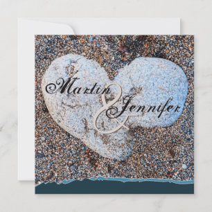Invitation Heart Stone in Sand Blue Turquoise Beach Wedding