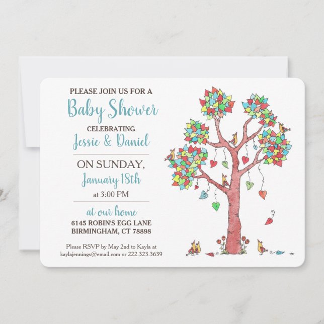 Invitation Heart Tree and Birds Rassembler Baby shower amusan (Devant)