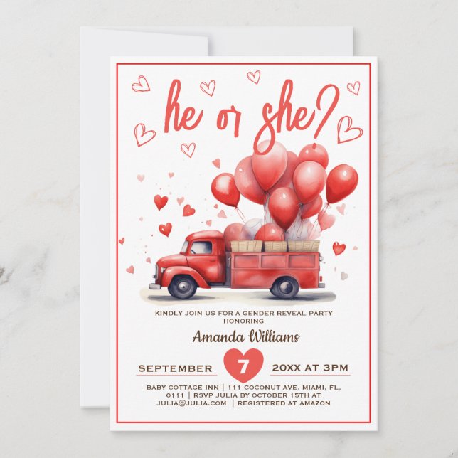Invitation Heart truck valentine genre révéler (Devant)