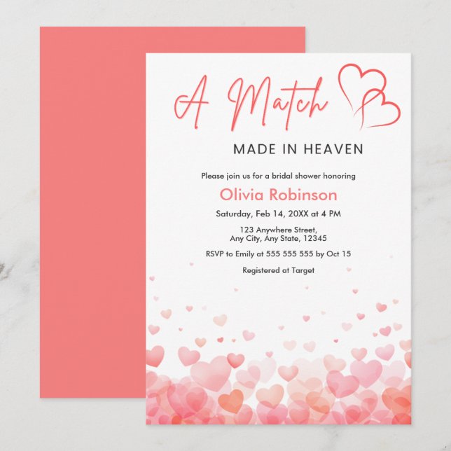 Invitation Hearts A Match Made in Heaven Bridal Shower  (Devant / Derrière)