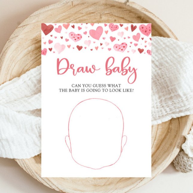 Invitation Hearts Valentine Baby shower Dessinez le jeu de bé (Watercolor Cute Pink Red Hearts Valentine A Little Sweetheart Girl Draw the Baby Baby Shower Game)