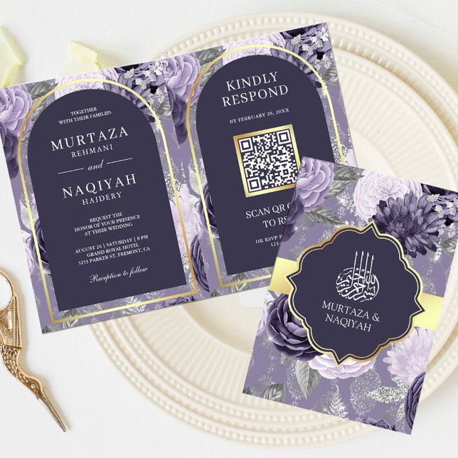 Invitation Heather Purple Floral QR Code Mariage musulman (Créateur téléchargé)