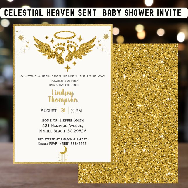 Invitation Heaven Sent Angel Gold Parties scintillant Baby sh (Créateur téléchargé)