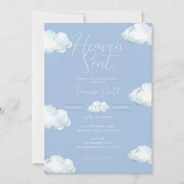 Invitation Heaven Sent Baby Shower Blue Cloud (Devant)