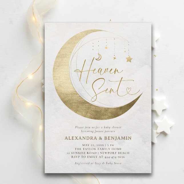 Invitation Heaven Sent Moon Gold White Sky Coed Baby Shower (baby shower invitation heaven sent moon stars sky white gold neutral coed jack jill)
