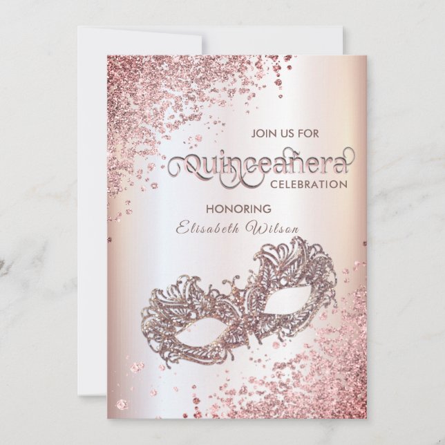Invitation Hébergement en diamant Masquerade Quinceañera or r (Devant)
