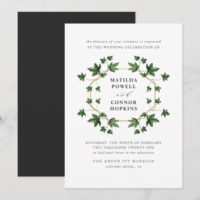 Invitation Hedera | Grey Ivy Botanical Mariage géométrique (Devant / Derrière)