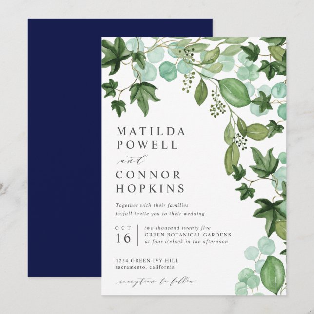 Invitation Hedera | IVY Eucalyptus Mariage botanique moderne (Devant / Derrière)