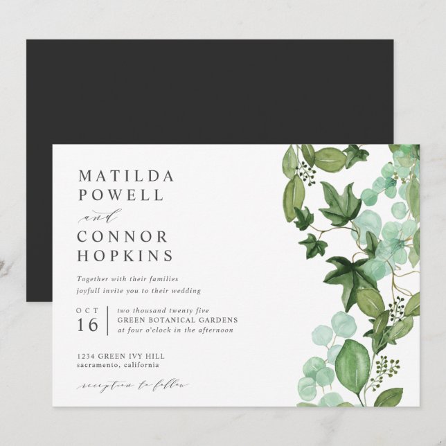 Invitation Hedera | Moderne Mariage Botanique de Jardin Gris  (Devant / Derrière)