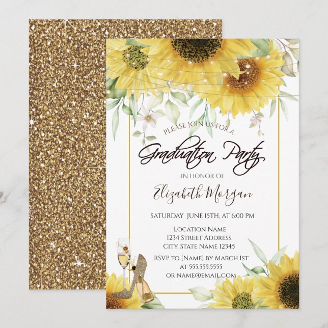 Invitation Heels Sunflowers Gold Parties scintillant Graduati (Devant / Derrière)