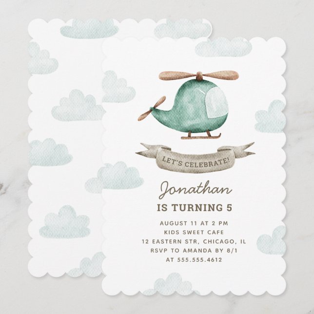 Invitation Hélicoptère anniversaire pour garçon | Aquarelle (Devant / Derrière)